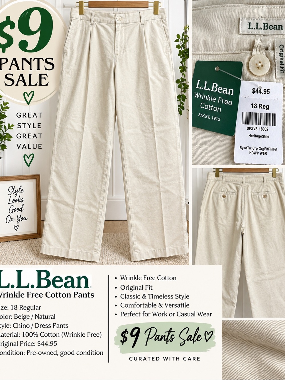 L.L. Bean Wrinkle-Free Cotton Chinos in Beige/Natural